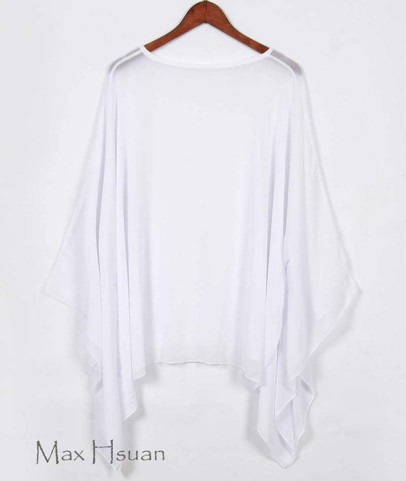 Max Hsuan Womens Summer Solid Sheer Batwing Blouse Chiffon Caftan Poncho Tunic Top Plus Size Cover up White - Image 3